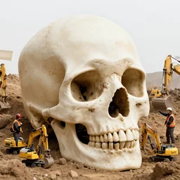 team of excavators discovering a giant human skull in the ground