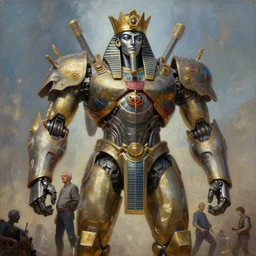 a giant king tut mecha, divine being, tim hildebrandt, wayne barlowe, bruce pennington, donato giancola, trending on artstation, cinematic composition, beautiful lighting, hyper detailed, 8 k, oil on canvas