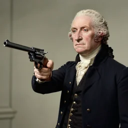George Washington holding a revolver photo-realistic