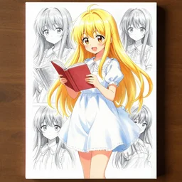 full body portrait of a happy blonde anime girl with long hair, in a cute dress, reading a book, colored sketch anime manga cover