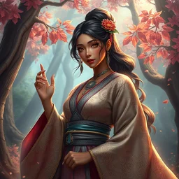 anime key visual of amora the enchantress wearing intricate ornate kimono!! intricate, brown skin, magical forest, stunning, highly detailed, digital painting, artstation, smooth, hard focus, illustration, art by artgerm and greg rutkowski and alphonse mucha