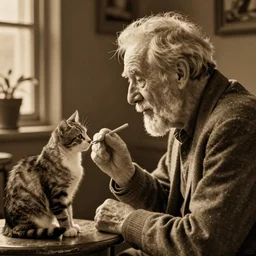 Side view of an old man talking to his cat in sepia, hyperdetailed, artstation, cgsociety, by greg rutkowski, by Gustave Dore