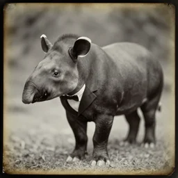 A daguerreotype photograph of a tapir wearing a tuxedo.