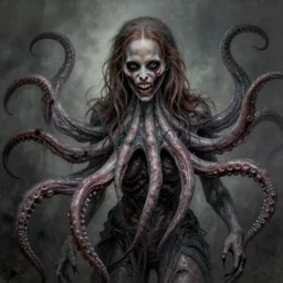 emma watson's horror version. an unnatural abomination with long teeth, many tentacles, and gray skin. grunge, horror, dmt, dark and muted colors, detailed airbrush art, by yves klein