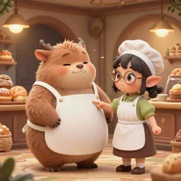 inside a fantasy bakery, a cute short fat obese kobold with a soft face wearing aprons is blushing as a pretty chubby goblin girl wearing apron and glasses pokes her finger into the side of her belly, intricate, highly detailed, artstation, concept art, smooth, sharp focus, cute scene, art by artgerm and greg rutkowski and wlop