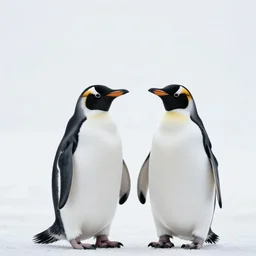 two penguins black and white portrait white sky in background