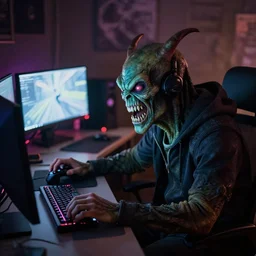 Cthulhu getting mad while playing video games, 50mm photo