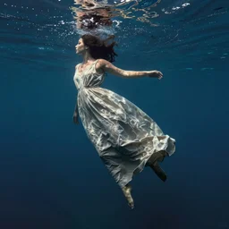 empty long dress, floats underwater in the sea, art by henri matisse