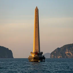 a beautiful obelisk rising from the ocean, beautiful lighting, koh phi phi island