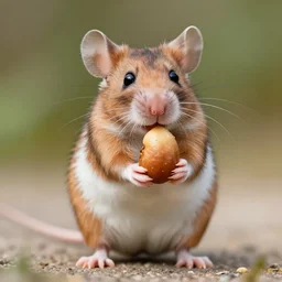 a cute realistic mouse holding a cashew nut while standing on his back legs