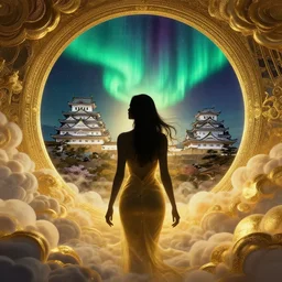 silhouette of a sexy woman emerging from royal gold asperitas clouds in vaporwave theme looking at an opening lush interstellar portal to ancient japan, the portal opens to himeji castle during an aurora borealis, intricate, elegant, by greg rutkowski, conrad roset, takato yomamoto, james jean, rule of thirds, seductive look,