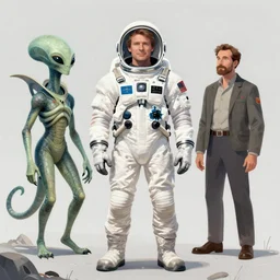 5 0 s pulp scifi fantasy illustration full body portrait martyn ford in spacesuit meets alien man from venus, by norman rockwell, roberto ferri, daniel gerhartz, edd cartier, jack kirby, howard v brown, ruan jia, tom lovell, frank r paul, jacob collins, dean cornwell, astounding stories, amazing, fantasy, other worlds