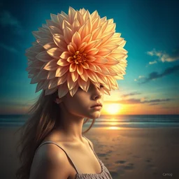 closeup girl with huge dahlia flower head, portrait on beach, surreal photography, blue sky, sunrise, dramatic light, impressionist painting, digital painting, artstation, simon stalenhag