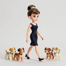 audrey hepburn cos play walking 5 small dogs, stop motion vinyl action figure, plastic, toy, butcher billy style