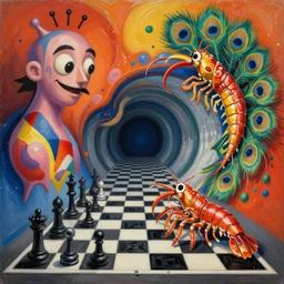 an extremely high quality hd surrealism warm painting of 4 d perspective neon complimentary - colors cartoon surrealism melting sculpture composition of zaha hadid biological anatomical peacock mantis shrimp by a much more skilled version of kandinskypicasso and salvia dali the fourth, salvador dali's much much much much more talented painter cousin, 8 k, ultra realistic, odontodactylus scyllarus, chess, tunnels