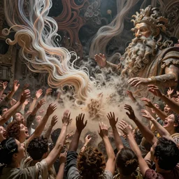 in the style of Cam Kennedy , detailed entangled fibres ,volumetric lighting, twisting vapour, bellowing dust ,flowing shimmering fabrics, emerging hands and an ancient male bearded face , Hundreds of humans , emerging hands and beautiful women’s and men screaming laughing and crying face , full colour , upscale , 4k