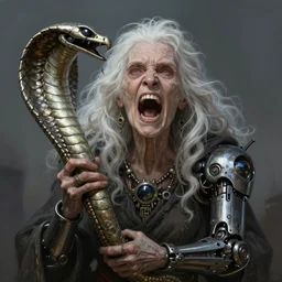 Death is swallowed up in victory, very detailed and beautiful face, white hair, screaming, very old woman, holding a mechanical Cobra, artwork by artgerm, centered face shot, wide angle, full body, Elfpunk, mythpunk, DD, fantasy, highly detailed, digital painting, artstation, smooth, sharp focus, art by thomas kinkade and H.R. Giger and Tyler Edlin