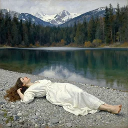 realism painting of a beautiful woman in a white robe lying on pebbles by a beautiful lake in a virgin forest with snowy mountains in the background, in the style of edward hopper, highly detailed