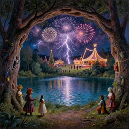 closeup of a night carnival around a magical in a summer storm, tree cavity with a music scenario with many fireworks and christmas lights, next to a lake with iridiscent lake water, volumetric lightning, folklore people disguised with fantastic creatures in a magical forest by summer night, masterpiece painted by caspar david friedrich, scene by dark night environment, refraction lights,