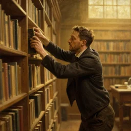 tom hardy pulling a book from a shelf, dusty library, golden hour painting by gaston bussiere, craig mullins, j. c. leyendecker