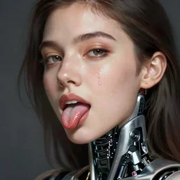 attractive female i robot sticking tongue out sensually adn sweating, close - up portrait, intricate, elegant, volumetric lighting, scenery, digital painting, highly detailed, artstation, sharp focus, illustration, concept art, luis rollo, ruan jia, steve mccurry, john berkey