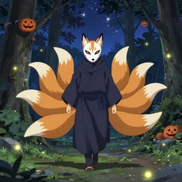 an anime about a ninja character with a fox plague doctor face mask, 9 massive fox tails trailing behind magical grim reaper robes, walking through calm forest under starry skies, halloween decorations, fireflies, wonder, anime, furry, peaceful, street view, vhs, art by yuji ikehata, trending on art station