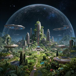 a post apocalyptic city inside a spaceship with a dome with the stars, Halo Array, nature growing around the city, futuristic estructures, lush scenery, concept art, trending in artstation, lush landscape, pretty space stars, realistic light, award-winning, spaceship in space