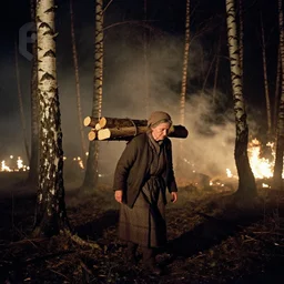 a movie still by tarkovsky of an elder woman carrying wood bucket in a heavy burning birch forest by night, cinestill 8 0 0 t 3 5 mm, heavy grain, high quality, noir, natural textures, photorealistic, natural textures, ambient occlusion, hd, fog, criterion collection