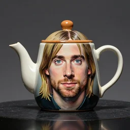 kurt cobain as a teapot, on a stage, big eyes, portrait by greg hildebrandt, studio lighting, muted colors, by terry richardson, handmade, by beeple, ultrarelistic, extreme detail, reflections, trending on artstation, 8 k