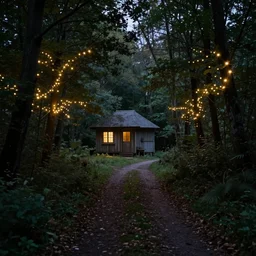 a quiet hut with a solitary lighted window at the end of an overgrown path in a clearing in the woods. faerie lights reflect in the darkness of the trees. fantasy, epic wide landscape, cinematic lighting, hyper realistic, photographic, sharp focus! dream a quiet hut with a solitary lighted window at the end of an overgrown path in a clearing in the woods. faerie lights reflect