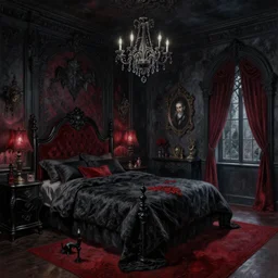 a beautiful detailed painting of vampirish dark gothic fancy bedroom with black and dark red accents by noah bradley john willian waterhouse, thomas kinkade, glass, nightsky, archdaily, wallpaper, highly detailed, trending on artstation.