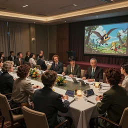 craig mullins and ghibli and james gurney detailed digital painting of a conference in a hotel, unreal engine, hyper realism, realistic shading, cinematic composition, realistic render, octane render, detailed textures, photorealistic, very wide shot, 3 5 mm film