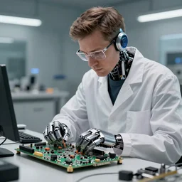 Tech Genius working on an electronic board, cybernetic parts, high-tech, realistic, hyper realistic, trending on artstation