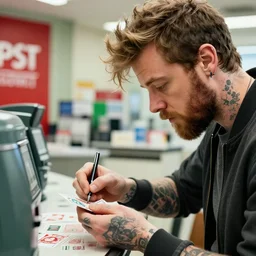 a closeup photorealistic photograph of post malone selling stamps at a post office. bright scene. fine detail. this 4 k hd image is trending on artstation, featured on behance, well - rendered, extra crisp, features intricate detail, epic composition and the style of unreal engine.