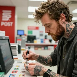 a closeup photorealistic photograph of post malone selling stamps at a post office. bright scene. fine detail. this 4 k hd image is trending on artstation, featured on behance, well - rendered, extra crisp, features intricate detail, epic composition and the style of unreal engine.
