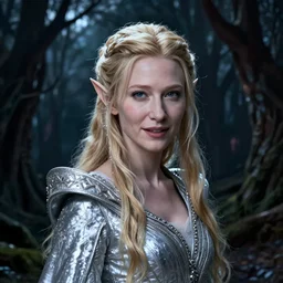portrait of mischievous, dangerous young Galadriel (Cate Blanchett) as a queen of elves, dressed in a refined silvery garment. The background is a dark, chilling eastern europen forrest.  night, horroristic shadows, higher contrasts, (((lumnious))), theatrical, character concept art by ruan jia, thomas kinkade, and J.Dickenson, trending on Pinterest