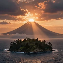 an island from afar with forests and a volacano in open ocean, sunset, john avon, artstation