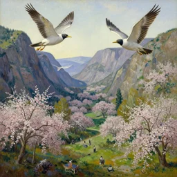 a valley with trees in flower. giant birds flying. full - length, oil painting in a modern style, very detailed, painted by, greg rutkowski, sachin teng, thomas kindkade, enki bilal, tony sandoval, norman rockwell, tom bagshaw.