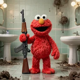 Elmo is standing in the middle of a disgusting bathroom while holding a kalashnikov ak47