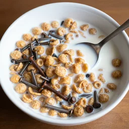 dslr food photograph of a a bowl of cereal made of rusty nails and bolts with milk and a spoon in the bowl, 8 5 mm f 1. 8