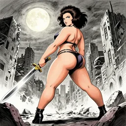 instagram model, plus size, thicc, scarlett johansson holding sword, afro samurai anime style, full body profile, dynamic wide angle lens, manga style, by masamune shirow and greg rutkowski, pencil and ink, full moon lighting, fully clothed, hot pants, in a post apocalyptic city