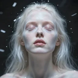 out of focus white confetti, out of focus photorealistic portrait of an ugly pale woman by saul leiter, very blurry, translucent white skin, closed eyes, foggy