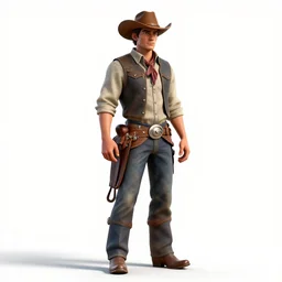 stoic ranch hand with saddle, detailed 3d character render, full body, standing, isolated on a pure white background, centered, whole figure in frame, sharp focus, studio lighting