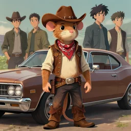 character portrait feature of the anthro male anthropomorphic rat fursona wearing cowboy outfit wild west desperado standing next to an old monte carlo vintage car, a man whose heart is hollow, character design stylized by charlie bowater, ross tran, artgerm, makoto shinkai, detailed, soft lighting, rendered in octane