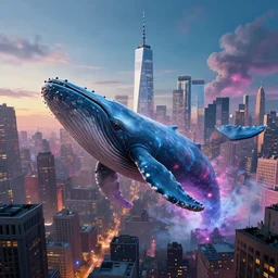 cyberpunk whale attacking Newyork city ,digital art,ultra realistic,ultra detailed, ultra wide Lens, art by greg rutkowski