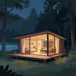 ( ( dither ) ), editorial illustration from an angle at a cozy lakeside cabin designed by zaha hadid in a forest at night, fog, colorful, modern art deco, mads berg, karolis straututniekas. ( ( christopher balskas ), fine texure, dynamic pose, detailed, matte print, lomography, dramatic lighting
