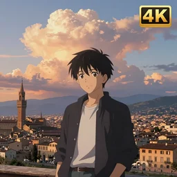 key anime visual portrait of an italian city in the background at sunset, cumulonimbus clouds, modern anime still, 4 k