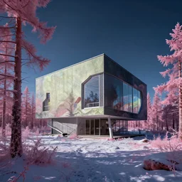 architecture by owen d. pomery, sunlight thermal imaging tron bioshock infrared at night forest tundra reclaimed by nature retrowave windy gem, archdaily, wallpaper, highly detailed, trending on artstation.