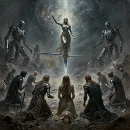 highly detailed subjective futuristic painting outlining the process where the ai enhanced arbiter of fate beckons his disciples to kneel to the coming onslaught, as the balance of the universe hangs on a knife edge by greg rutkowski, by james paick, by hernando gaswater, 4 k resolution, octane render, dark moody muted color scheme, robotic wire infested hellscape