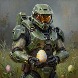 master chief from halo 3 picking up easter eggs, easter, grass, oil on canvas, intricate, portrait, 8 k highly professionally detailed, hdr, cgsociety